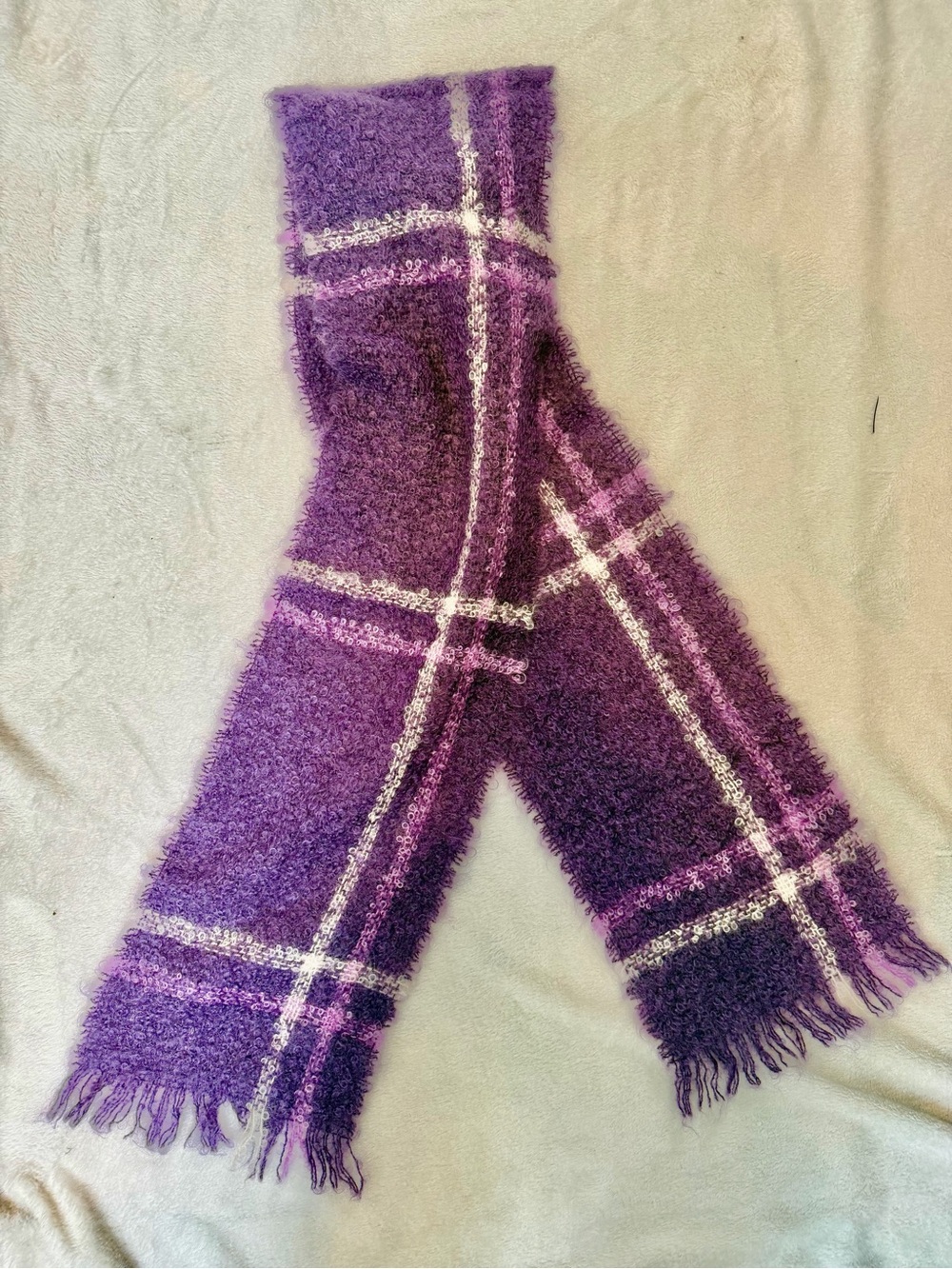Vintage Cushendale Ireland Purple Plaid Mohair Wool Scarf Fringe 72”